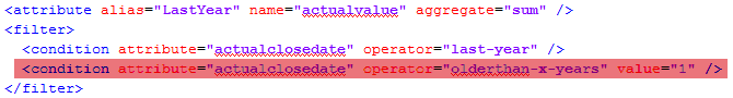               <attribute alias="LastYear" name="actualvalue" aggregate="sum" />               <filter>                 <condition attribute="actualclosedate" operator="last-year" />                 <!-- <condition attribute="actualclosedate" operator="olderthan-x-years" value="1" /> -->               </filter>